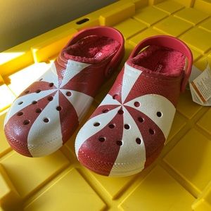 Glittery candy cane fur lined Crocs